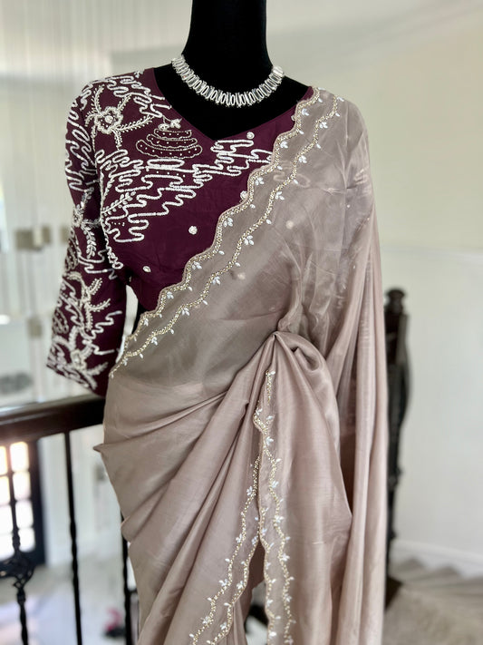 Chinnon Silk Saree With Ready Handwork Blouse